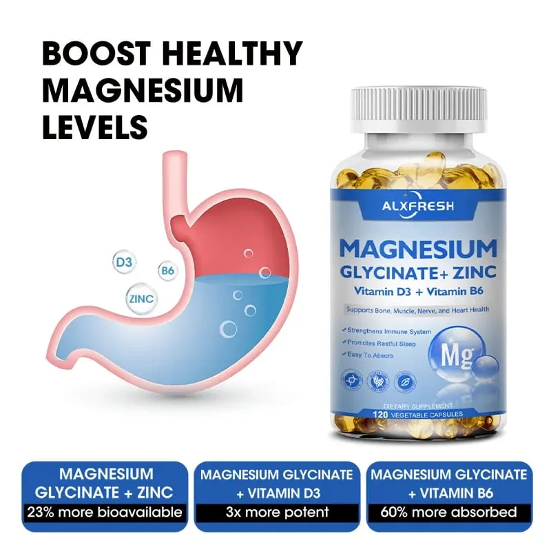 Magnesium Glycinate 500mg Kapslar Hög Absorption med Zink Vitamin D3 B6 Stöd Kosttillskott Stress & ångestlindring — image 6