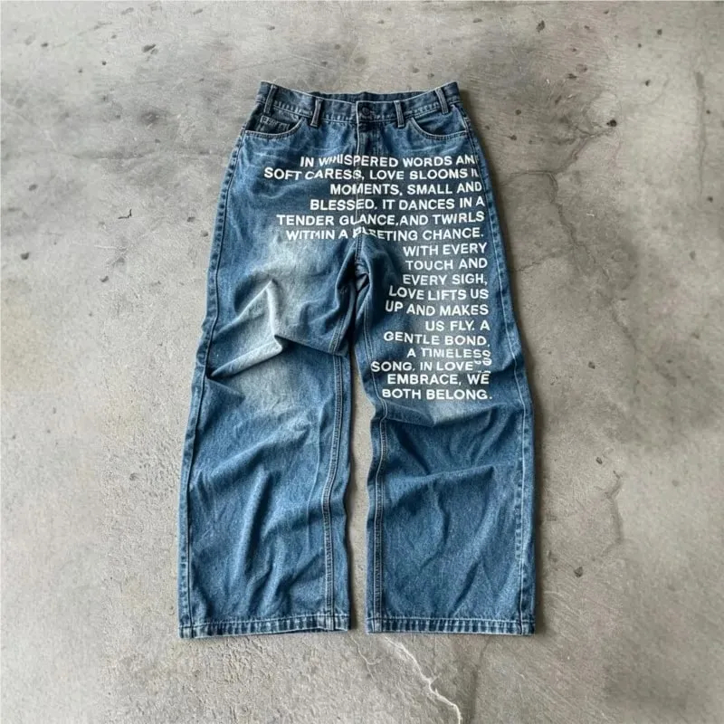 American Retro Men Alphabet Patterned Letter Jeans High Street Clothing Y2K Goth Women Unisex Baggy Casual Wide Leg Mopping Pant — image 3