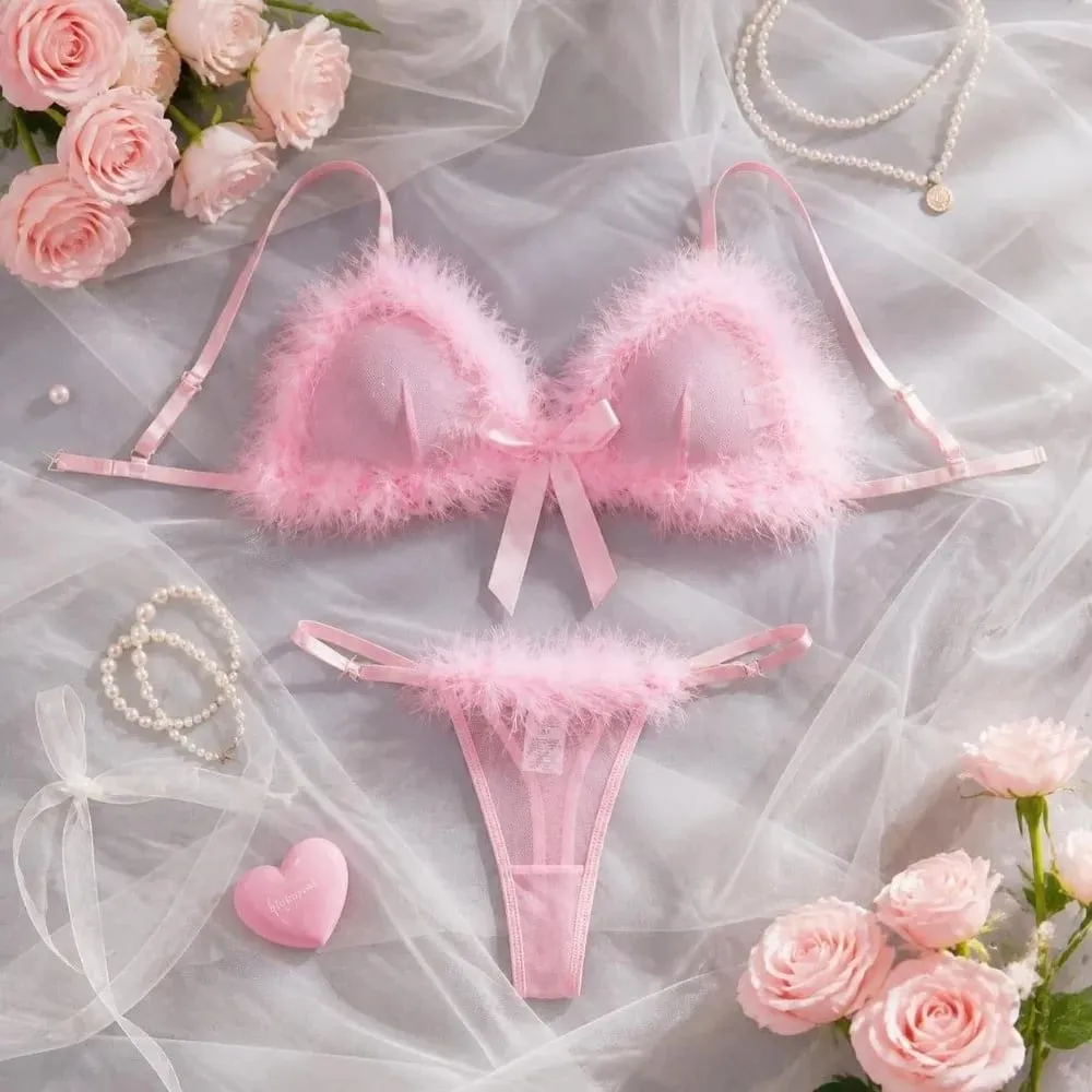 Furry Women's Underwear Mesh Transparent Bow Decor Lingerie Set Romantic Intimate Wireless Bra Panties Suit Christmas — image 3