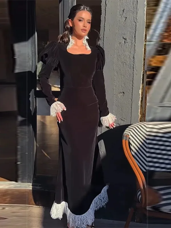 Full Sleeve Lace Patchwork Velvet Maxi Dress Women Elegant Stand Collar Puffed Slim Long Sexy Gowns Lady Evening Dinner Dresses