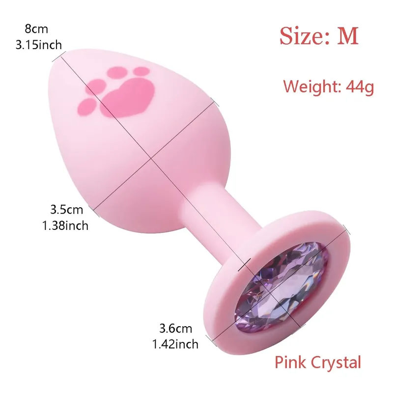 Pink Silicone Anal Plug for Woman 4 Sizes Cat Paw Pattern Smooth Surface Butt Plug Crystal Base Sex Toys For Woman Anal Dildo — image 8