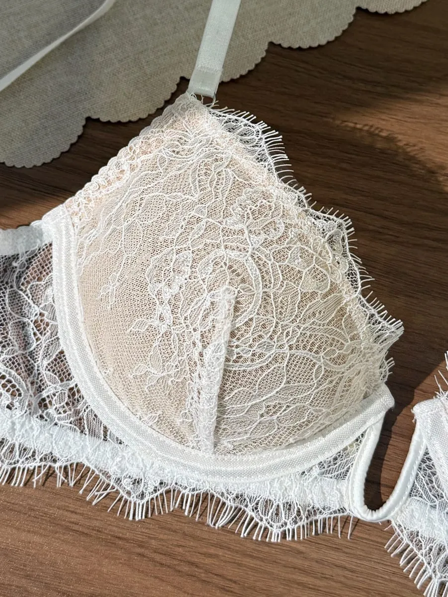 French Lace Eyelash White Bralette And Panties Set Women's Summer Thin Sexy Pure Desire Underwear Two-Piece Set — image 5