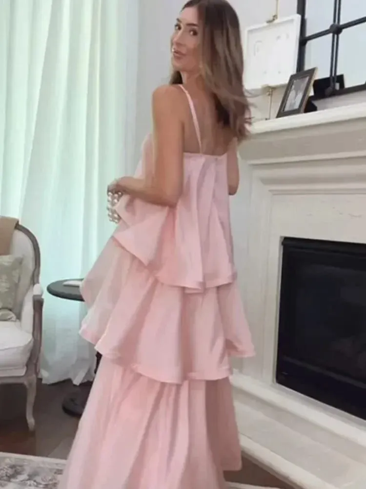 Women Pink Ruffled Strapless Dress Sleeveless Backless Loose Long elegant robes 2025 Lady Vacation Beach Party Evening Gown New — image 6