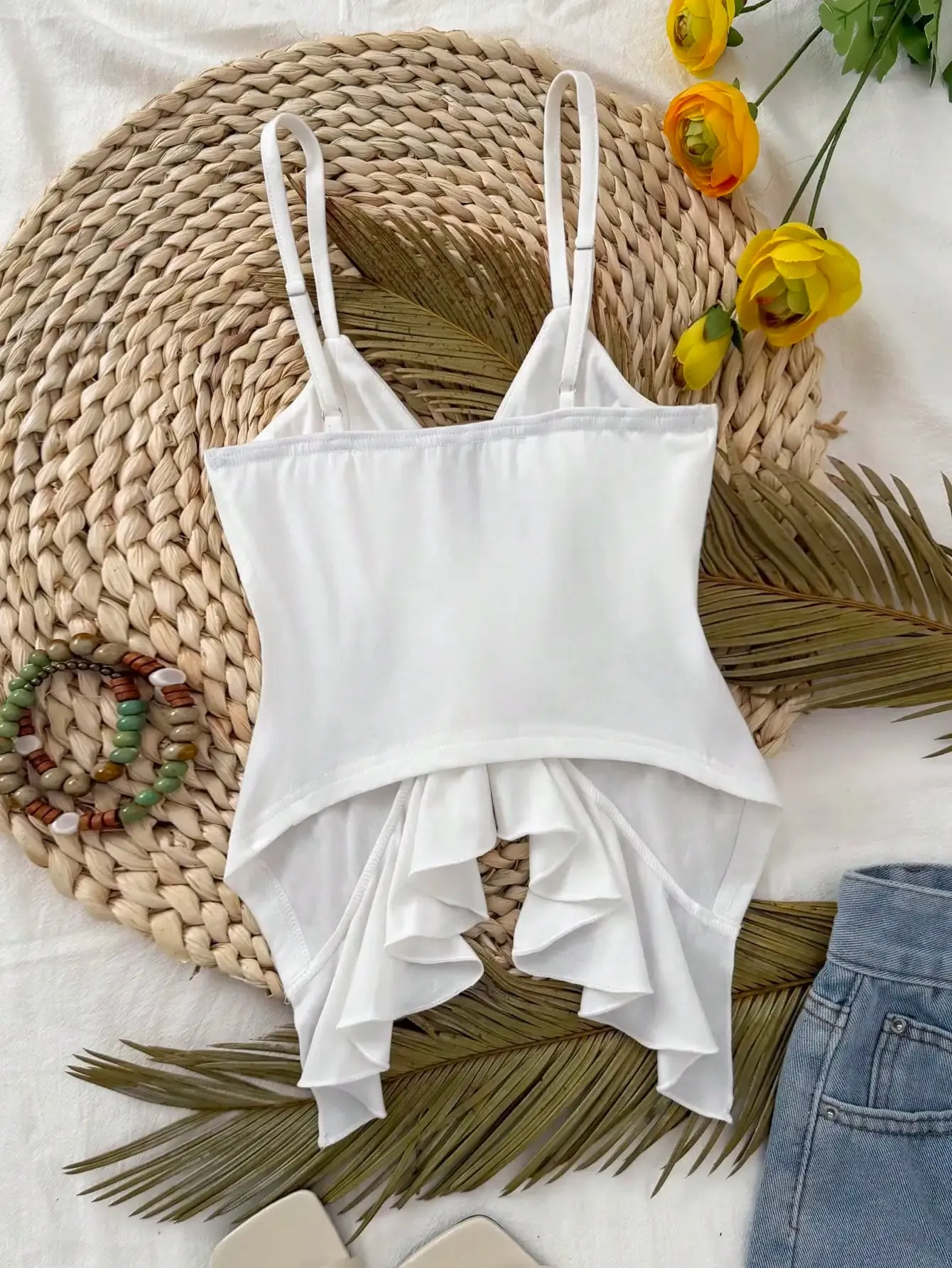 Women Thin Spaghetti Strap Deep V Front Self Tie Ruffle Hem Slim Crop Camisole 2026 Summer Y2K Solid White Sleeveless Going Out — image 3