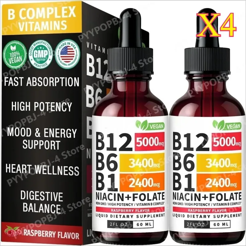 Vitamin B12 B6 Liquid Drops 60ml B Complex with B1 Niacin Folate Raspberry Vegan Daily Wellness Supplement 40 Servings Adults