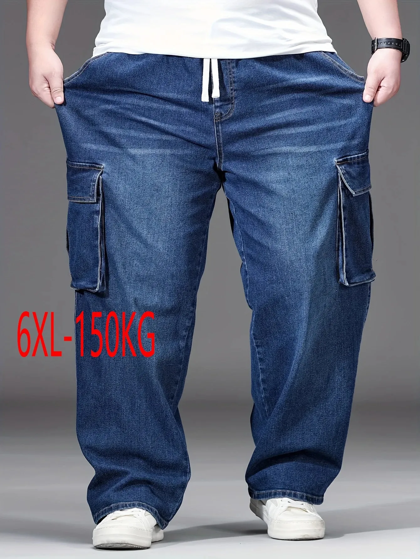 2026 New Men Oversized Jeans High Waist Elastic Drawstring Stretch Baggy Denim Pants Casual Versatile Plus Size Trousers — image 1