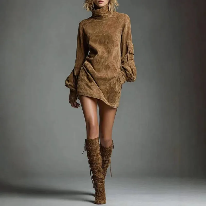 Autumn Retro Solid Suede Mini Short Dresses Sexy Turtleneck Slim Woman Pullover Dress Winter Long Sleeve Pockets Female Clothing