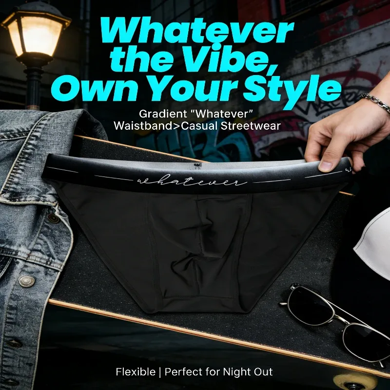 Men's Ice Silk Polyester Cheeky Briefs Ombre "Whatever" Slogan Waist Sporty Contour Fit Low-Rise Underpants Men Underwear Sexy