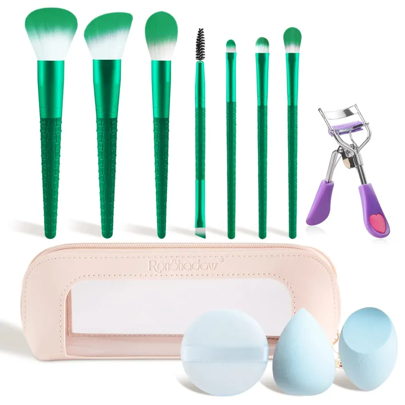 12Pcs Complete Makeup Tool Kit 7 Makeup Brushes 2 Beauty Sponges Eyelash Curler Powder Puff Storage Bag Full Cosmetic Set — image 9