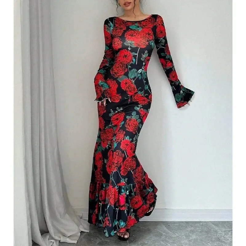 Elegant Rose Printed Maxi Dress O Neck Long Sleeves Bodycon Fishtail Dress Figure Slim Rose Floral Pattern Adds Charm Long Dress