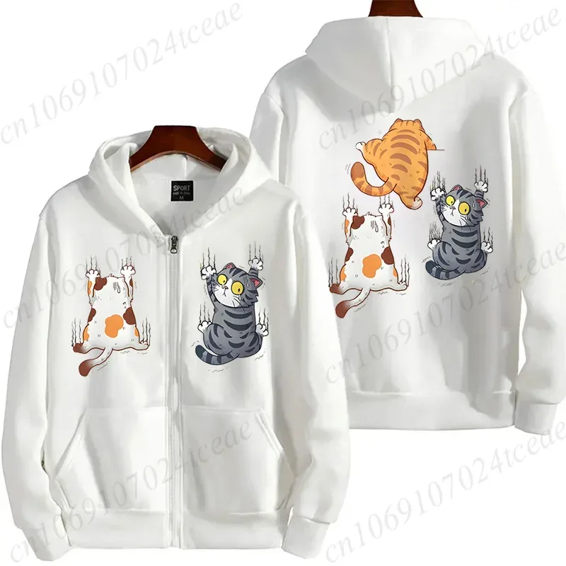 Zip‑Up Hoodie Funny Climbing Cats Graphic Print Long Sleeve Hooded Sweatshirt Front & Back Printed Casual Loose Jacket Outerwear — image 4