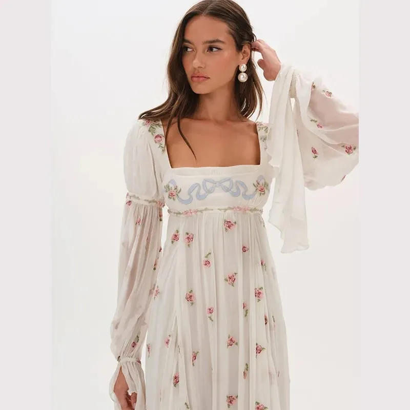 Cottagecore Floral Maxi Dress Women's Square Neck Long Puff Sleeve Empire Waist Chiffon Flowy Vintage Boho Wedding Guest Dress — image 4