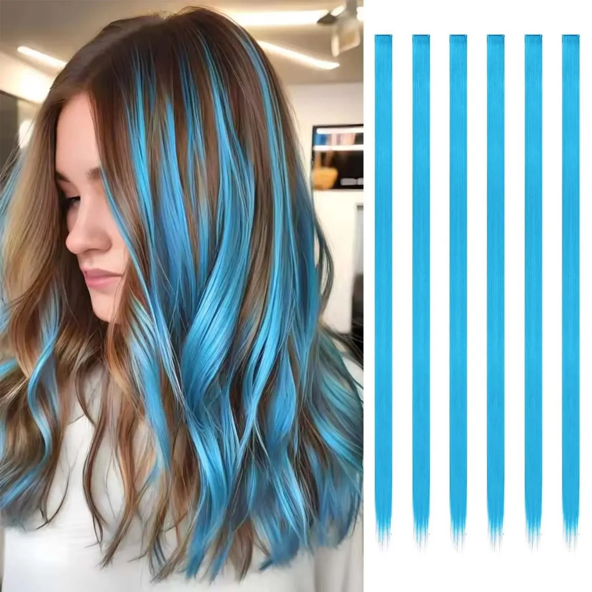 6 Pcs Clip Extensions Synthetic 24 Inch Colored Hair Extensions Party Highlights Long Straight Hairpieces for Women Kids Girl — image 20