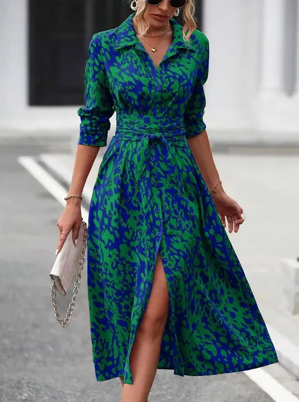 Elegant Random Print Button Down Shirt Dress Women's Long Sleeve Belted Waist Midi Dress Spring Fall Office Casual Dress — image 7