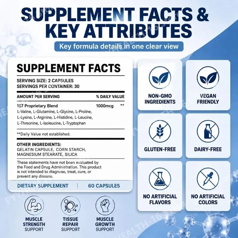157 Recovery Complex Capsules with L-Valine and L-Glutamine for Recovery Support Muscle Growth Amino Blend 1000 Mcg 60 Capsules — image 2