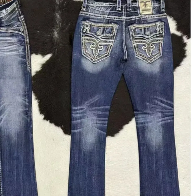 Retro trendy brand washed high elastic wide leg flared jeans Y2K summer blue embroidery American Gothic new fashion heavy street — image 6