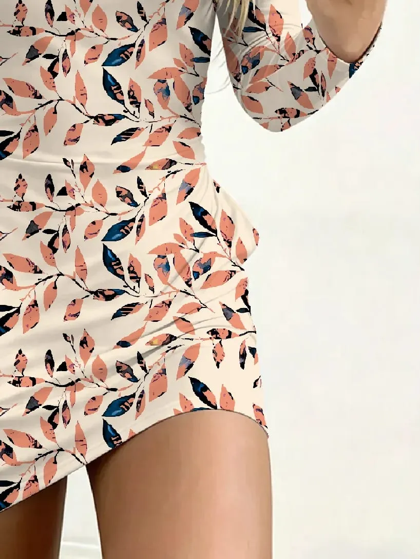 Autumn women's casual round neck leaf print waist cinched long sleeved pocket dress mini skirt length — image 5