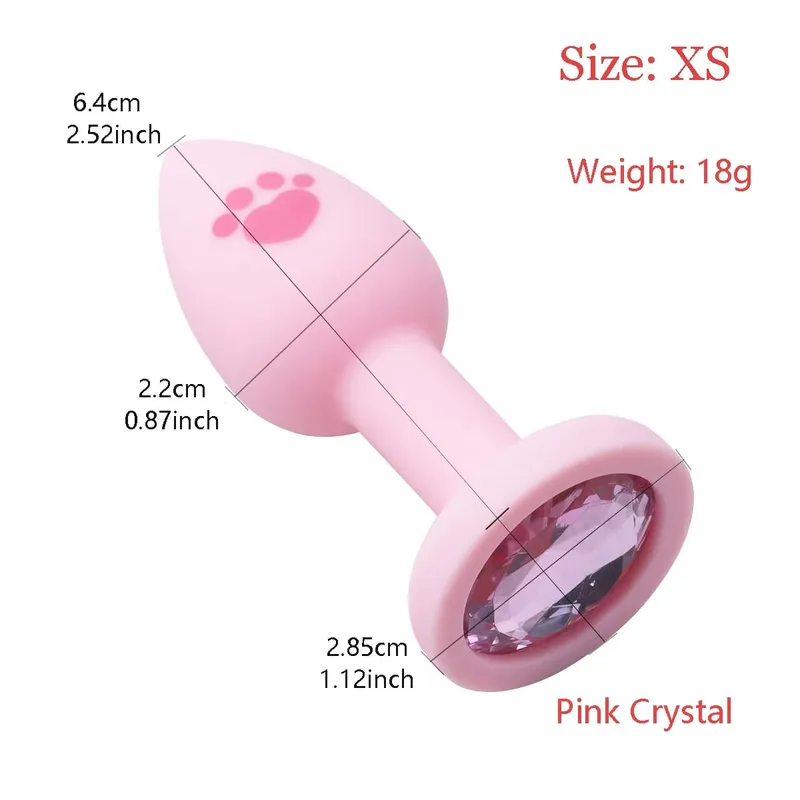 Pink Silicone Anal Plug for Woman 4 Sizes Cat Paw Pattern Smooth Surface Butt Plug Crystal Base Sex Toys For Woman Anal Dildo