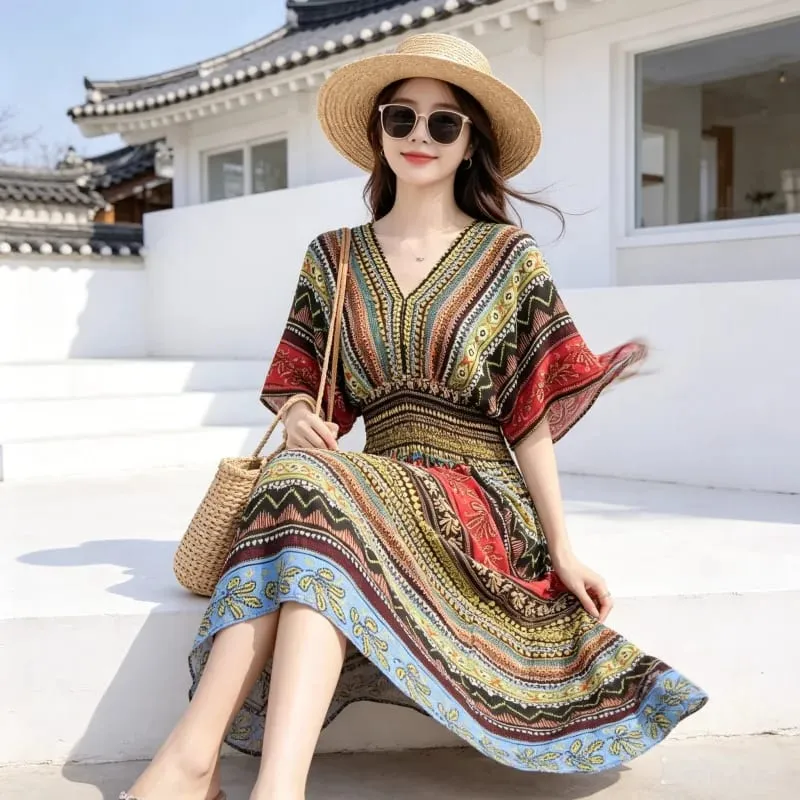 Boho Holiday Women V-Neck Batswing Short Sleeve A-Line Midi Dresses Slim Elastic Waist Casual Vintage Office Lady Elegance Dress