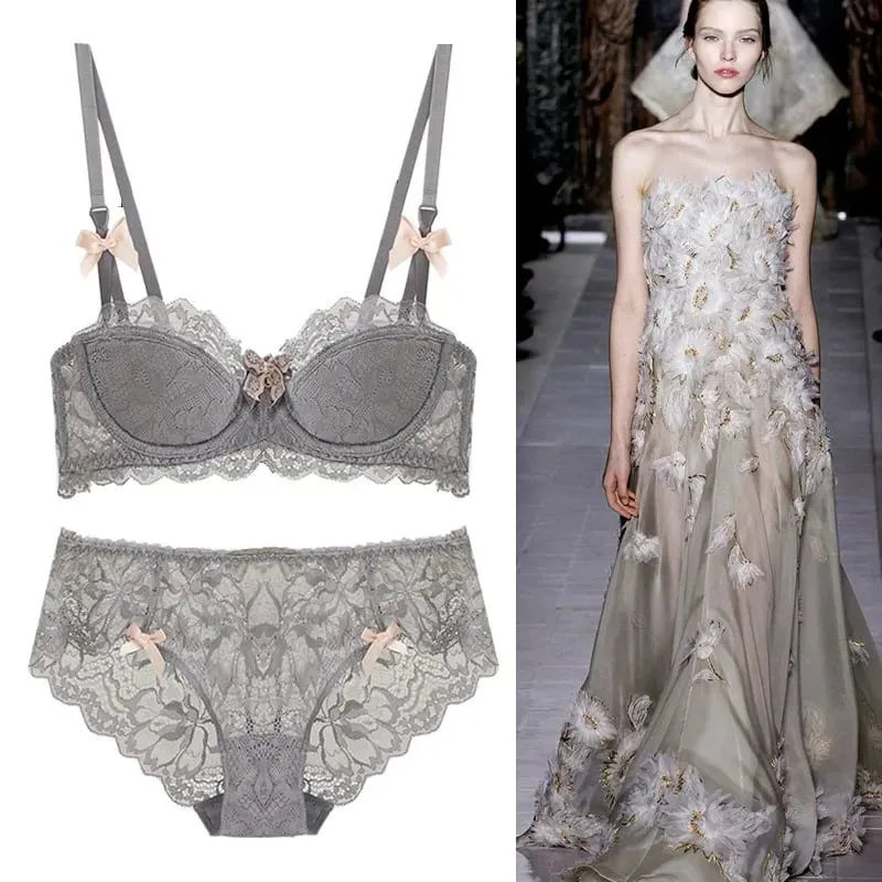 French Pure Desire Bralette Small Bust AB Cup Push Up Wireless Lace Bra for Chubby Girl Bow Design Thin Fold Comfort Plus Size — image 1