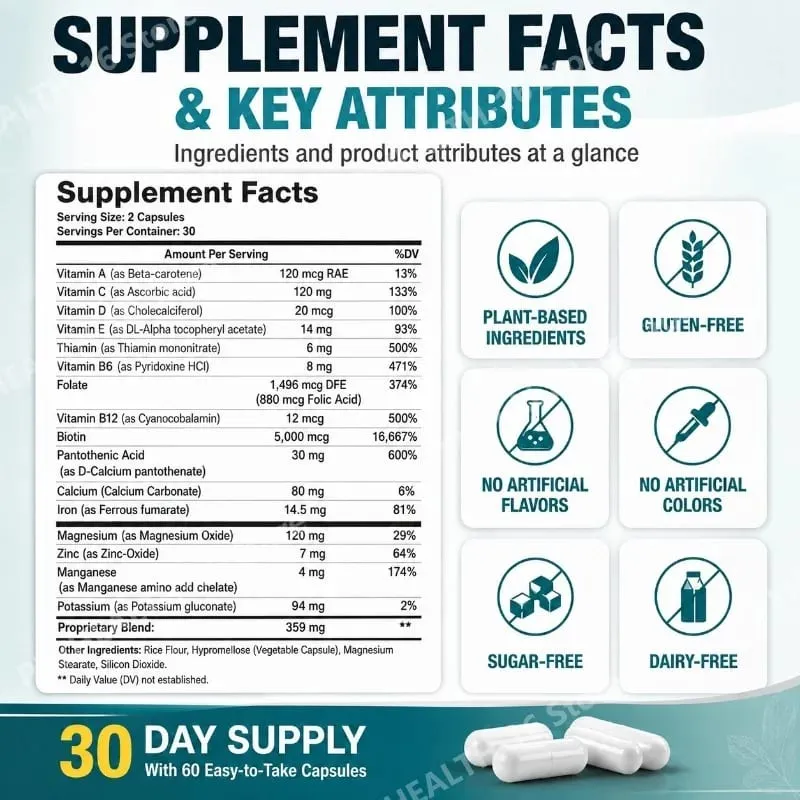 DHT Blocker Capsules with Biotin 5000mcg Vitamin C D E B6 & Zinc for Healthy Hair and Skin Support Gluten-Free 60 Count — image 2
