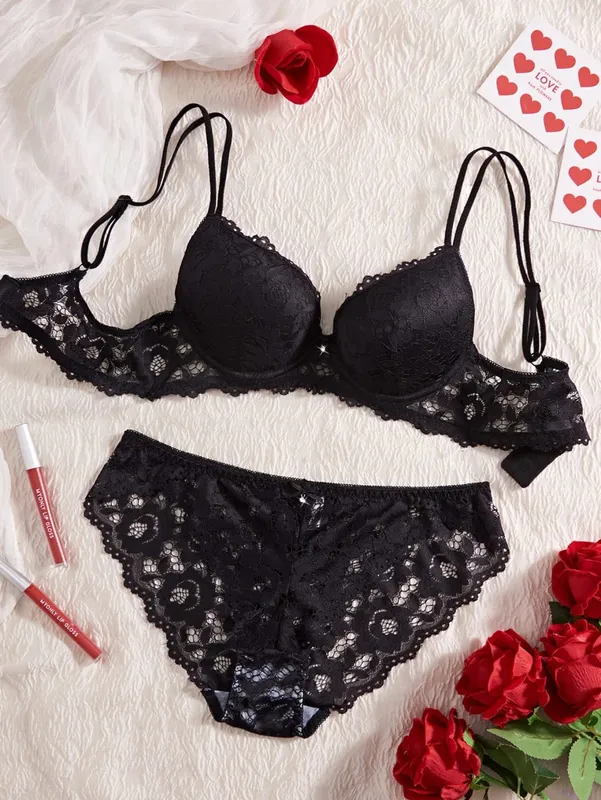 Women's Sexy Lingerie Set Lace Patchwork Solid Color Bowknot Rhinestone Embellished Push-Up Double Shoulder Strap Unlined Comfortable Underwear Lace Semi-Transparent Breathable Panties