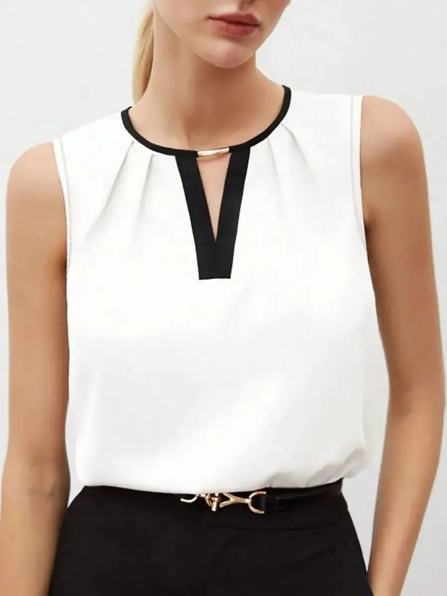 Women's Tank Top Spring Summer White Black Contrast Trim V Neck Sleeveless Loose Elegant Office Daily Work Top — image 10