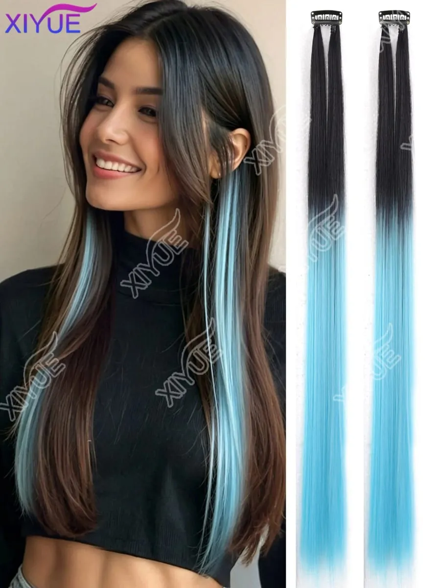 XY Hair Extensions 2pcs/pack Straight Extensions Multi-Colors Highlights Synthetic Hair Rainbow Hairpieces for Girls Halloween