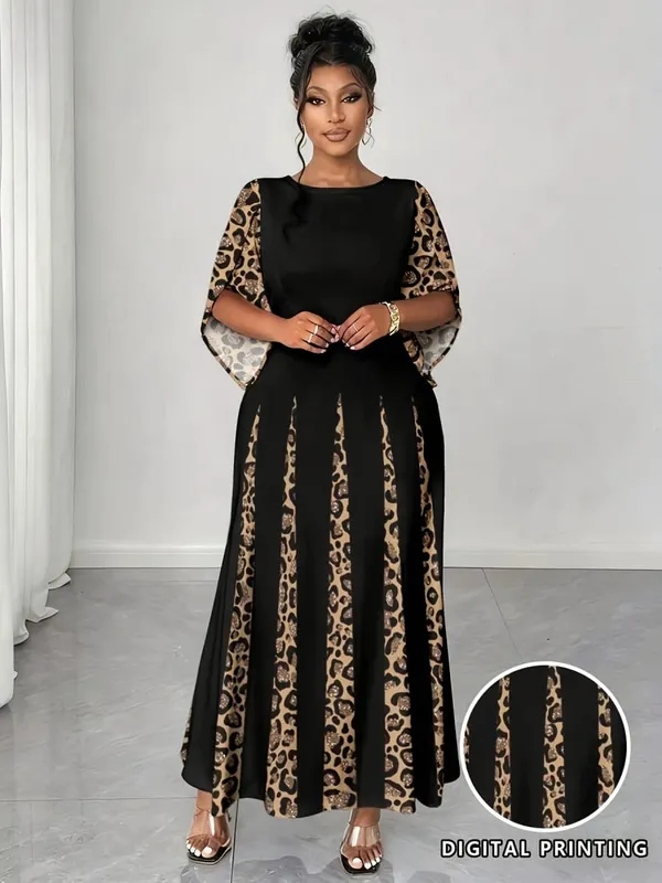 Elegant Leopard Print Maxi Dress Plus Size Fashionable Long Sleeve Gown Comfortable & Stylish Women's Clothing — image 4