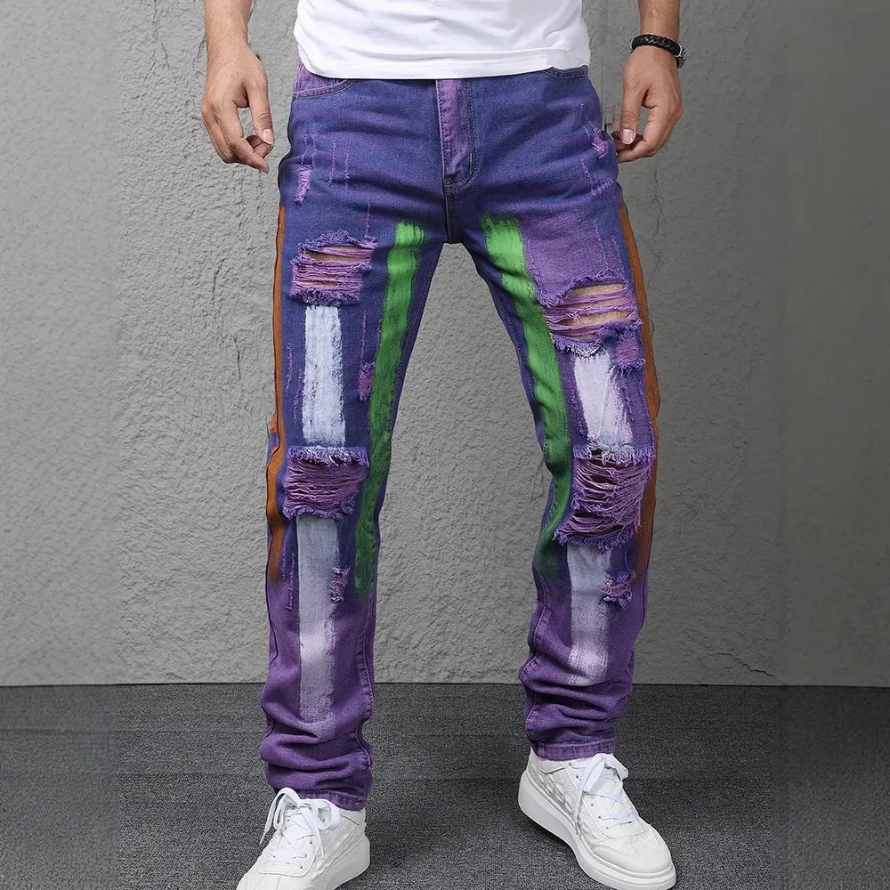 Men Painted Denim Jeans Contrast Color Holes Ripped Distressed Pants Non Stretch Cotton Slim Straight Trousers