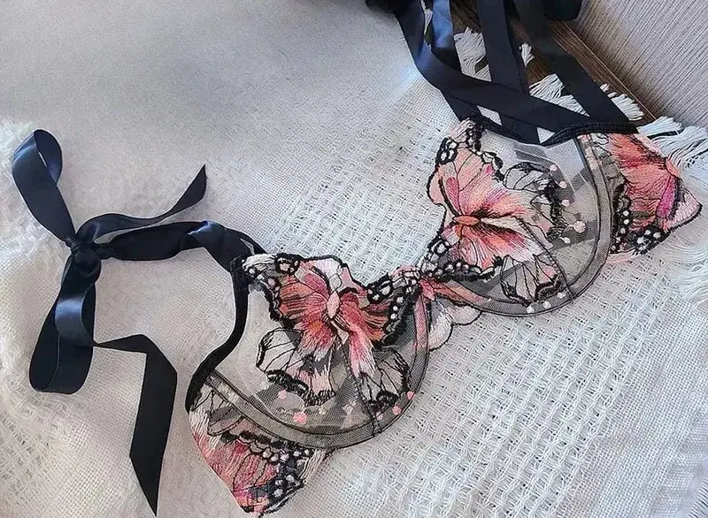 Modest Romantic Lace Butterfly Embroidery Bra Sheer Mesh Camisole Sleepwear Women Daily Wear Push Up Soft Lingerie Set 34-40 — image 8