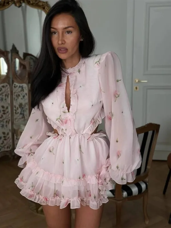 Floral Printed Backless Mini Dress Women