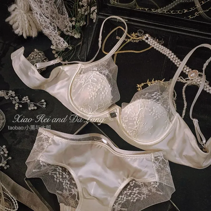 French Satin Lace Ladies Bra Set Push Up Anti Sagging Full Coverage Lingerie Soft Breathable Comfort Underwear Daily Use 32‑38AB