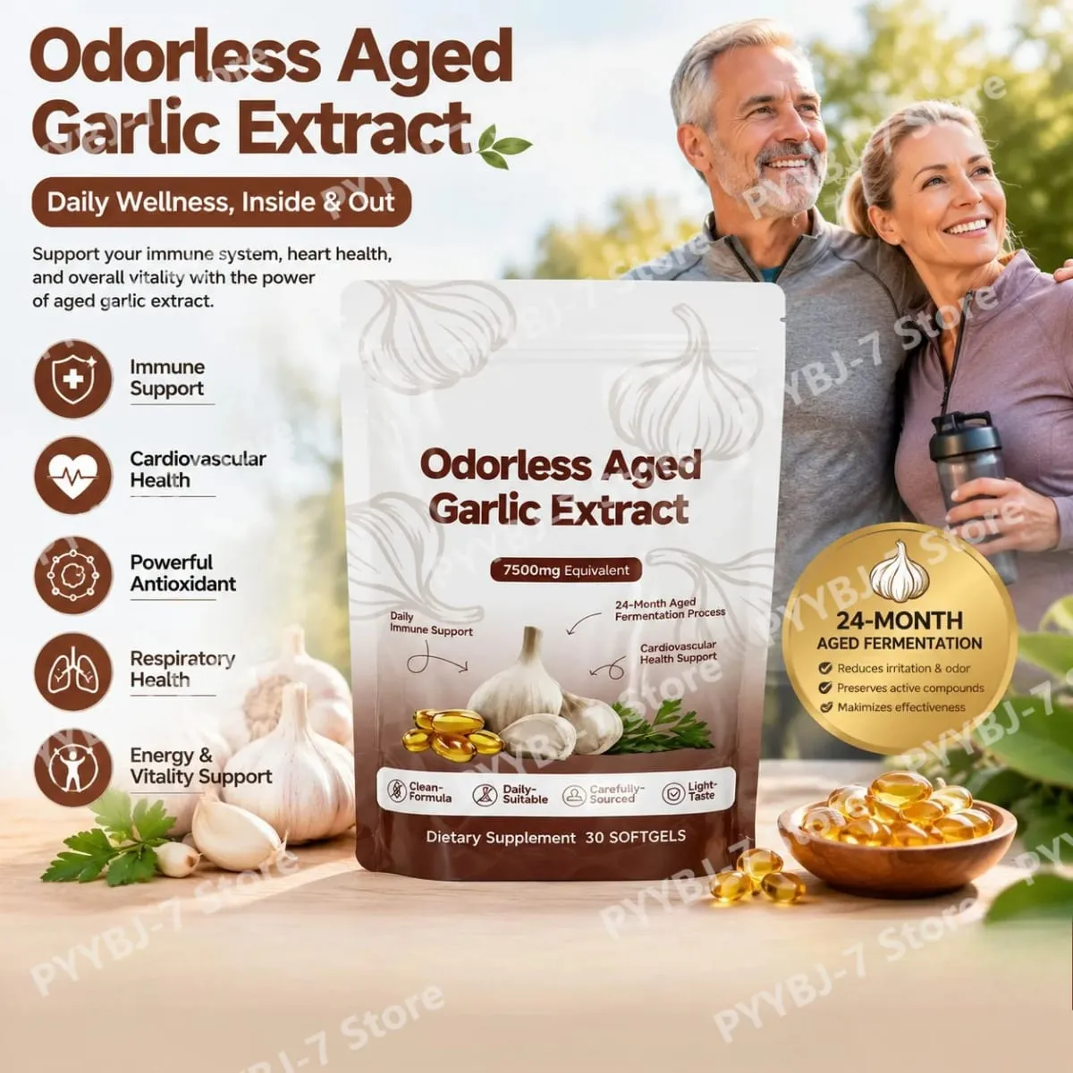 Odorless Aged Garlic Extract 7500mg Equivalent Softgels 30 Count Daily Garlic Supplement Heart & General Wellness Support — image 1