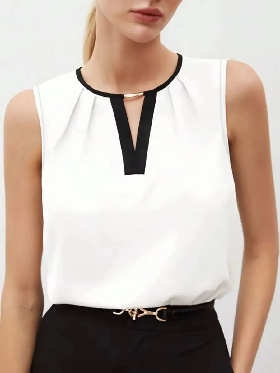Women's Tank Top Spring Summer White Black Contrast Trim V Neck Sleeveless Loose Elegant Office Daily Work Top — image 5