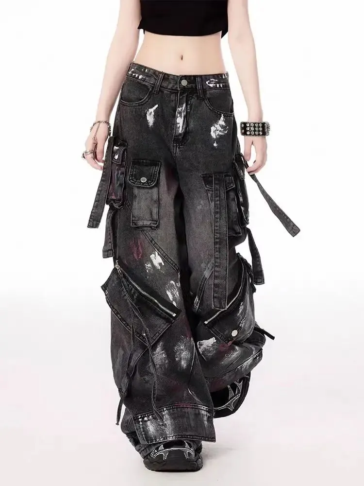 2000s Y2K heavy industry drag pants Gothic multi-pocket hip hop wide leg jeans washed black jeans men and women street pants — image 4