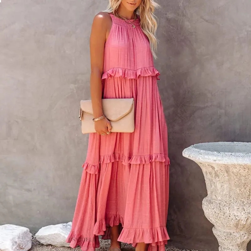 Women Casual Solid Ruffles Long Dress Summer Elegant Sleeveless Sundress Elegant Harajuku Maxi Dress Beach Party Evening Vestido — image 5