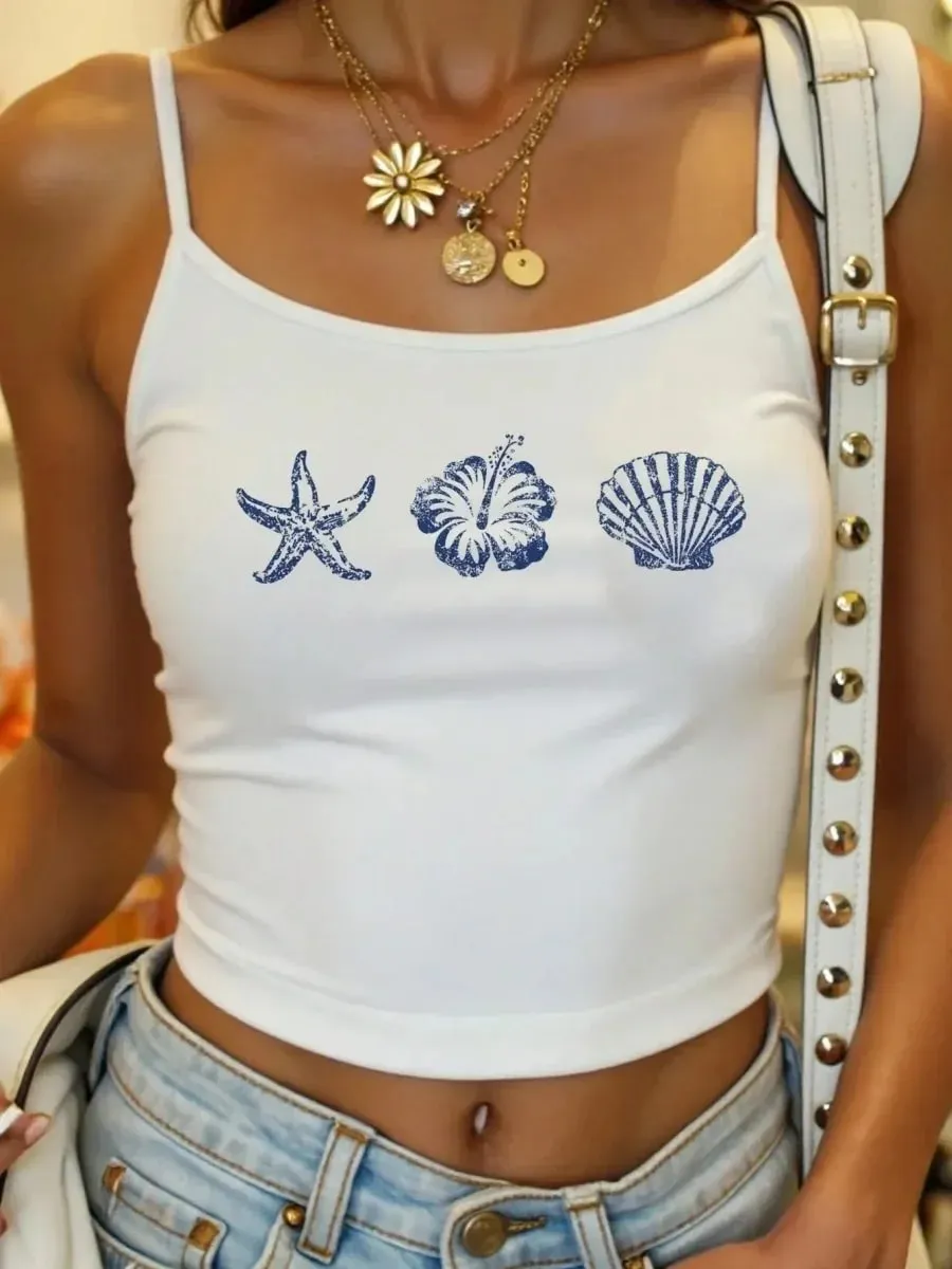 Women Seashell Starfish Print Spaghetti Strap Camisole Summer Casual Y2K Street Style Slim fit Crop Top — image 7