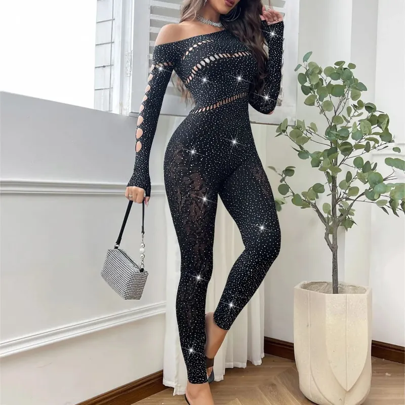 2025 Lace Embroidery Bra Set Women Sexy Mesh Rhinestone Jumpsuit Long Sleeve See Through Sexy Bustier Lingerie for Women — image 7