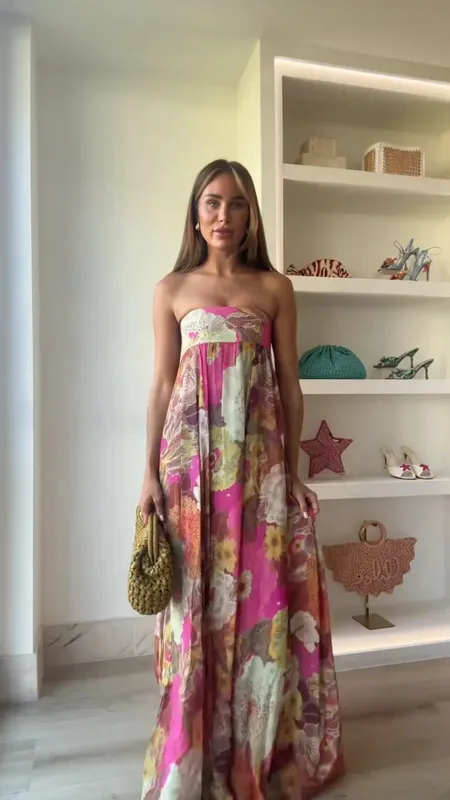 Women Fashion Printed Strapless Maxi Dress Elegant Off Shoulder Backless Sleeveless High Waist Gown Summer New Lady Party Robes