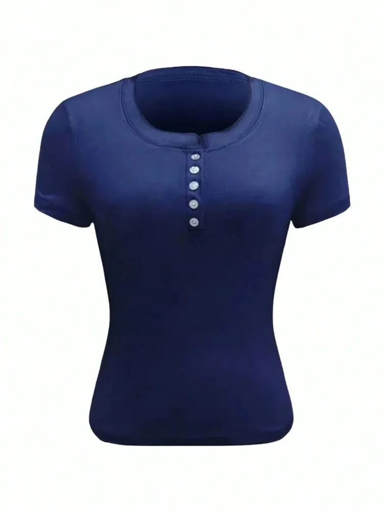 Woman Solid Crop Top Short Sleeve Summer Sexy Elegance Leisure Henley Collar Semi Slim Button Navy Blue T-shirt Top — image 4
