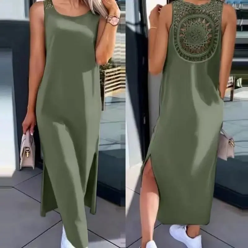 New Summer Casual Hollow Sexy Loose Dress Women Fashion Slit Sleeveless Party Dresses Women Round Neck Mid Length Ladies Dress — image 4