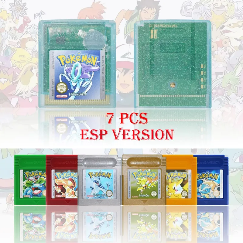GBA/GBC ESP Version Pokemon Esmeralda/Rojo Fuego/Plata/Cristal Game Cartridge Video Game Console Card High Quality with Battery
