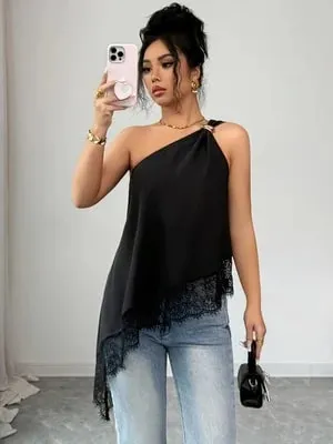 Women's Casual Single-Shoulder Camisole Solid Color Camisole with Lace Splicing and Versatile Style Suitable for Shopping Bea — image 6
