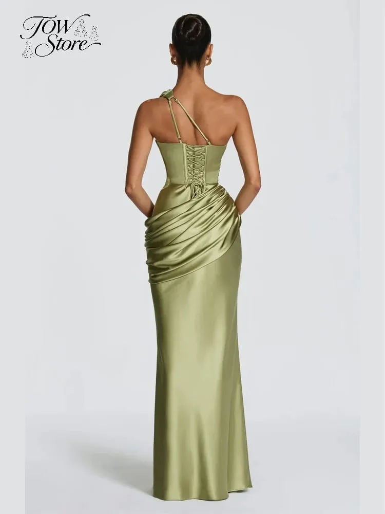 Elegant Solid Ruched Satin Maxi Dress Women One-shoulder Sleeveless Slim Fit Flowy Dresses 2026 Lady Summer Evening Vestidos — image 4
