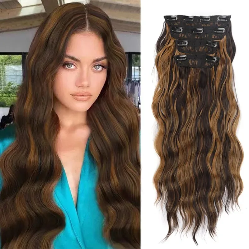 Jeedou Clip in Hair Extensions 4Piece/Set Synthetic Long Wavy Thick Hair Bouncy Curly Full Head Hairpiece Natural Looking — image 1