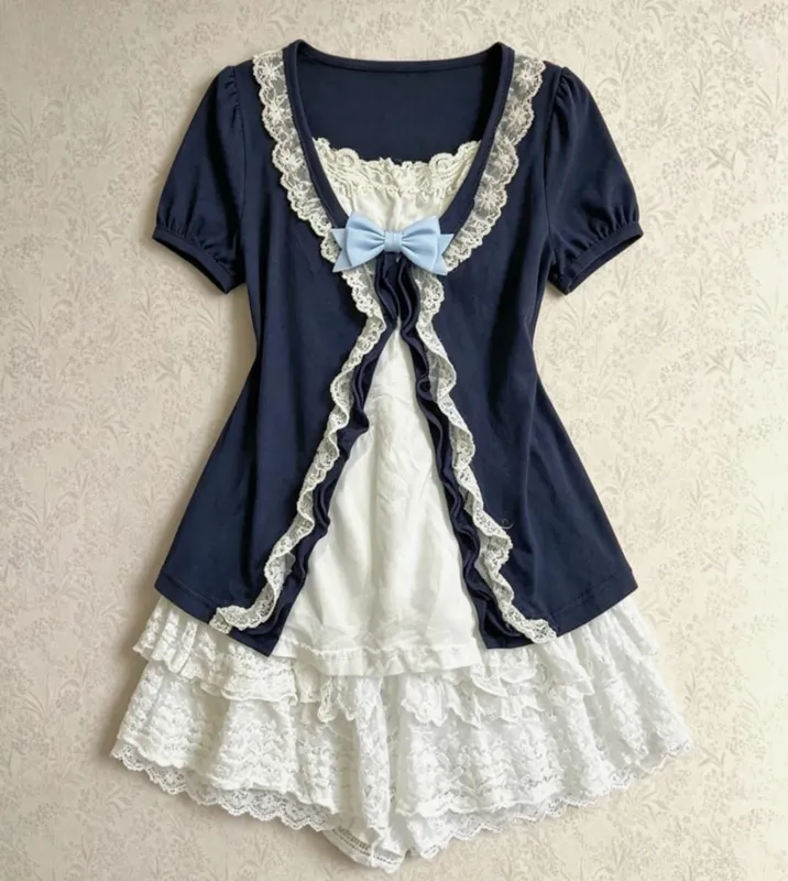 Y2K – ensemble deux pièces Vintage en dentelle pour femmes, ensemble deux pièces, élégant Cardigan rétro + Mini robe Slim sans manches à la mode — image 7