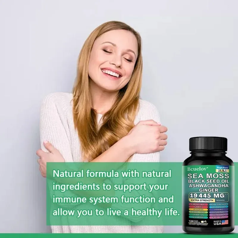 Sea Moss Capsules with Black Seed Oil Ashwagandha Turmeric Complex Energy Immune Digestive Skin & Stress Relief Support — image 6