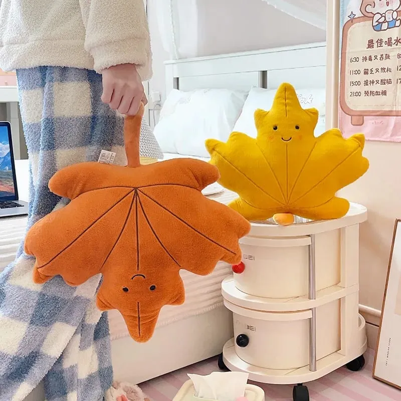 Smiling Face Maple Ginkgo Leaf Plush Pillow Stuffed Kawaii Plant Cushion Sofa Chair Decoration Gift
