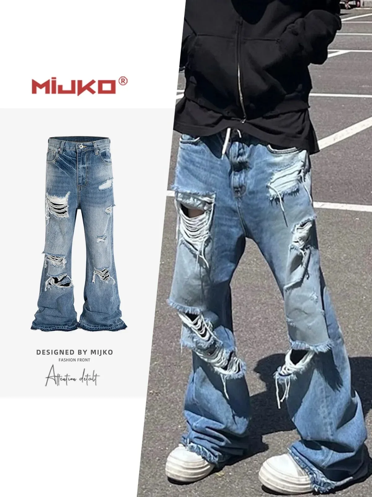 Unisex Wide Leg Flared Jeans Torn Hole Cut with Cat Whisker Fringe Blue for Men And Women ZJ014 — image 2